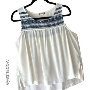 EYESHADOW | NWOT EMBROIDERED SLEEVELESS BOHO TOP NAVY BLUE OFF WHITE | LARGE